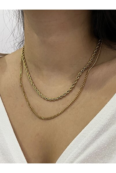 Jewelyf Burgu İki Zincirli 14K Kuyumcu Model Çelik Kolye