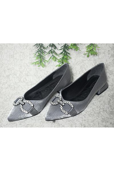 Hanedan Satin Large Stone Buckle Low Thick Heeled Daily Satin Ballerina Shoes
