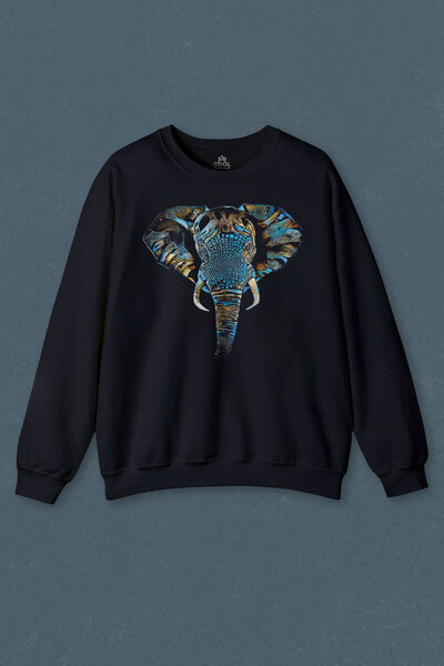 so cool سويت شيرت أزرق داكن ملون على شكل فيل صورة ظلية حيوان الفيل رسم طبيعي ...
