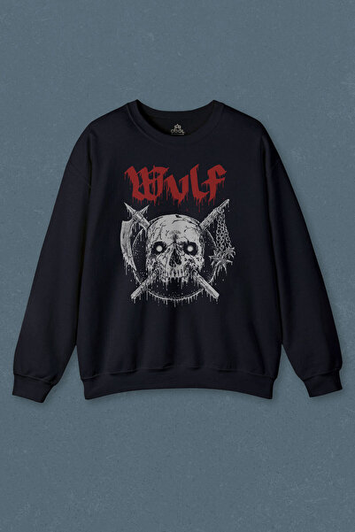 so cool Hanorac albastru bleumarin Wulf Metal Rock Band Skull Skull Urban Gothic Printed Sweat Unisex