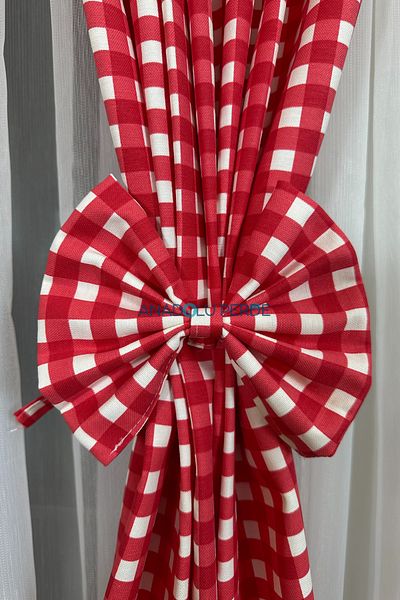 GLOMAR 1/3 Red Gingham - Close Pleat Kitchen Curtain with Farbela Cornice Short Background Curtain Modern