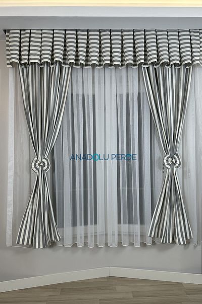 GLOMAR Modern Kitchen Curtain - 1/3 Grey Stripes, Barbelled Cornice, Short Background