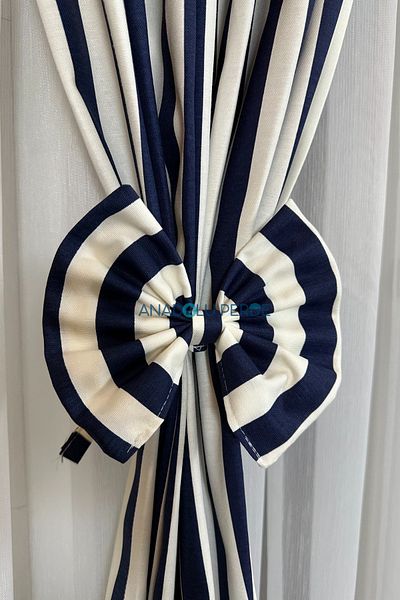 GLOMAR Modern Kitchen Curtain - 1/3 Navy Blue Stripes, Barbelled Cornice, Short Background