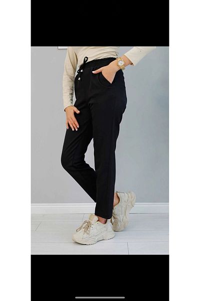 İmajButik Black Elastic Waist Ankle Length Trousers
