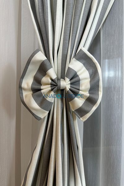 GLOMAR Modern Kitchen Curtain - 1/3 Grey Stripes, Barbelled Cornice, Short Background