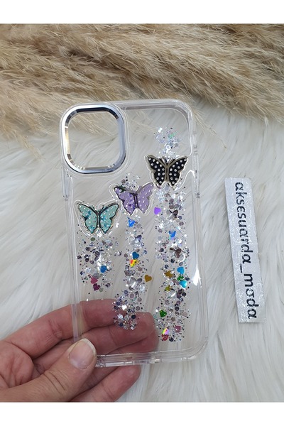 Aksesuarda Moda iPhone 16 Compatible Butterfly Glitter Sequin 3D Transparent ...