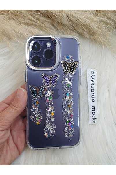 Aksesuarda Moda iPhone 15 Pro Max Compatible Butterfly Glitter Sequin 3D Tran...