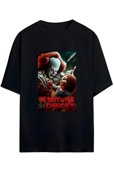 MAGORS تي شيرت قطني ممشط مقاس كبير للجنسين من CHUCKY VS PENNYWISE