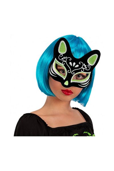 CEKAVE Black Color Suede Coating Silver Green Glitter Cat Mask 17x14 Cm