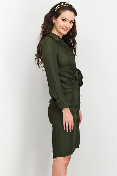 BB Dakota by Steve Madden Women Front Tie Long Sleeve Satin Shirtdress, Bottle Green