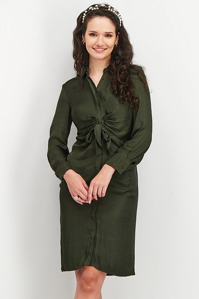 BB Dakota by Steve Madden Women Front Tie Long Sleeve Satin Shirtdress, Bottle Green