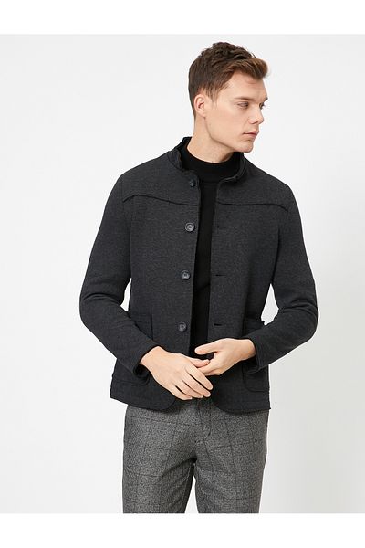 Koton Schwarze Herren-Blazerjacke mit Stehkragen und Taschen und Knöpfen