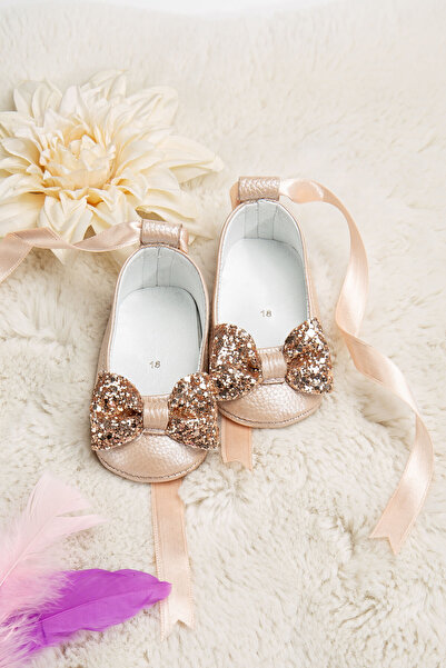 Beybium Kız Bebek Taşlı Babet Hakiki Deri Somon