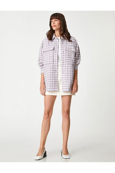 Koton Lumberjack Patterned Shirt - Long Sleeve, Pocket, Houndstooth Patterned Oversize