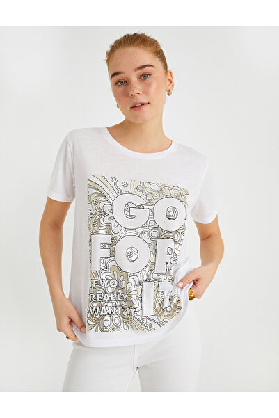 Koton Σλόγκαν εμπριμέ T-Shirt κοντό μανίκι Crew λαιμόκοψη