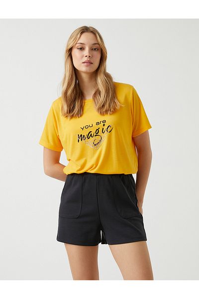 Koton Printed Sequin T-Shirt Crew Neck
