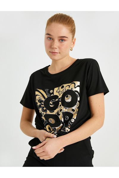 Koton Tricou cu slogan imprimat cu mânecă scurtă cu decolteu