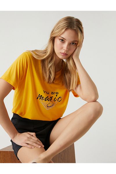 Koton Printed Sequin T-Shirt Crew Neck