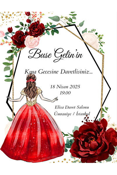 Rana İkra Art Kırmızı Çiçek Temalı Kına Davetiyesi (50 Adet) (BASKI DAHİL DEĞ...