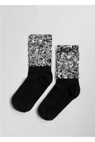DİLARRA Silver Gray Sequined Black Socks