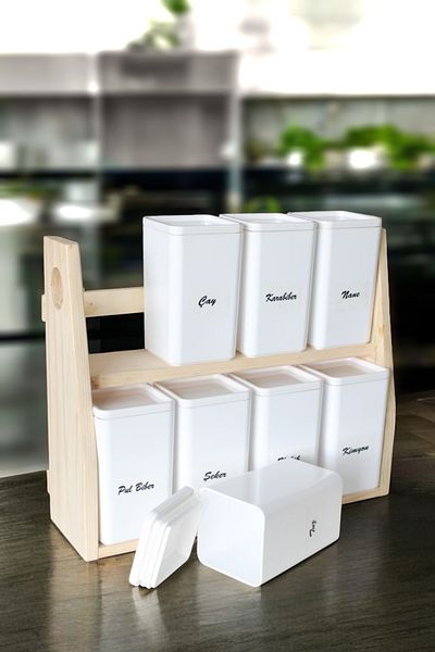 Denizcan Home Set of 8 Wooden Stands Vaccum Lids Porcelain-Looking Spices - Transparent Label Gift