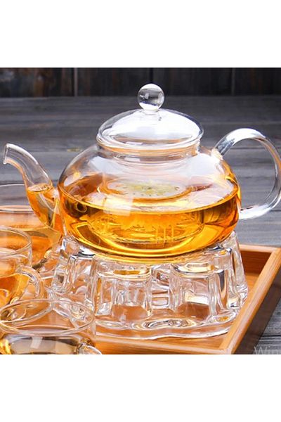 Qerhome 1000ml Borosilicate Glass Teapot with Strainer and Warmer - Glass Lid (Thn)