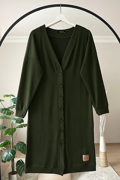 MODAQU Oversize Buttoned Ribbed Long Cardigan - Khaki