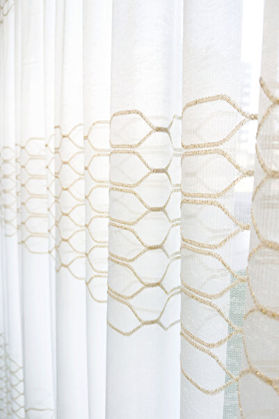 Brillant Gold İşlemeli Nakış Tül Perde Yeni Sezon Altın Renk Orta Pileli