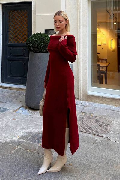 ZF BUTİK Schulterfreies, langes Strickkleid – Kleid – LANGES Kleid – Strickkleid