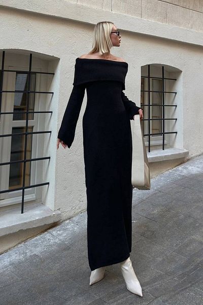 ZF BUTİK Schulterfreies, langes Strickkleid – Kleid – LANGES Kleid – Strickkleid