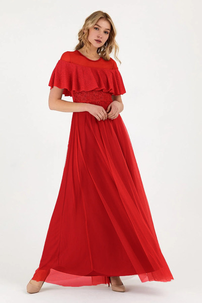 VODENS Kadın Kırmızı Dantelli Volanlı Sim Detaylı Uzun Abiye Mezuniyet Elbisesi