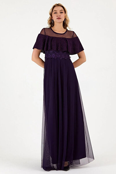 VODENS Rochie de absolvire de seară lungă, cu dantelă de prune, cu sclipici