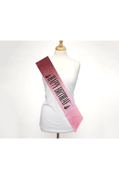 CEKAVE Glittery Sparkling Belt Belt with Black Large Happy Birthday Writing on Pink 10 cm Width