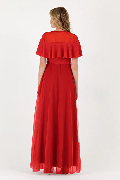 VODENS Kadın Kırmızı Dantelli Volanlı Sim Detaylı Uzun Abiye Mezuniyet Elbisesi