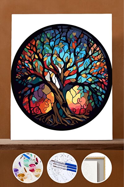 Pastelya Sayılarla Boyama Seti Çerçeveli Kasnaklı Yaşam Ağacı 3 50x65 cm