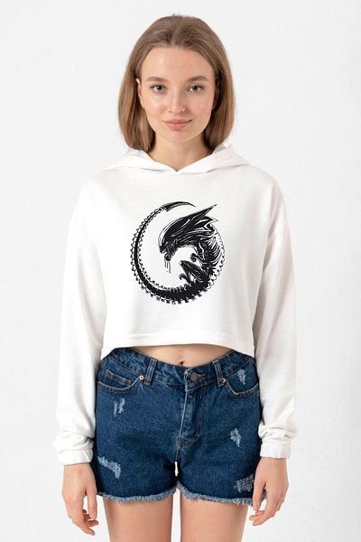 Tshirthane Allien Xenomorph Ecru Women's Crop Hoodie