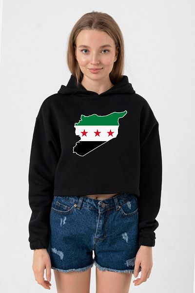 Tshirthane New Syria Flag Black Women's Crop Hoodie