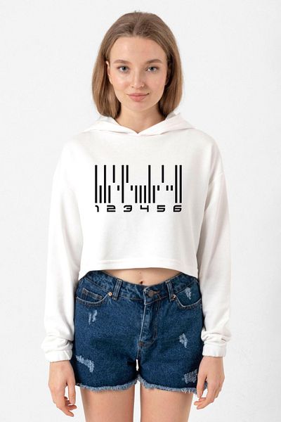 Tshirthane Android Barcode Ecru Women's Crop Hoodie - Dark Matter