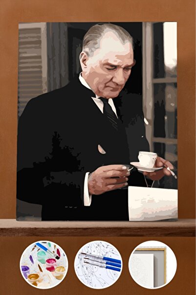 Pastelya Sayılarla Boyama Seti Çerçeveli Kasnaklı Atatürk Kahve İçerken 40x50 cm