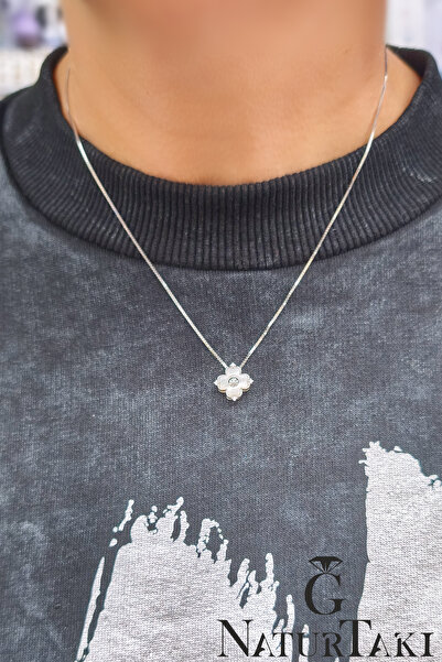 Naturtakı Doğal Sedefli Yonca Gümüş Kadın Kolye Modeli-Göz Alıcı Parlak Taşlı...