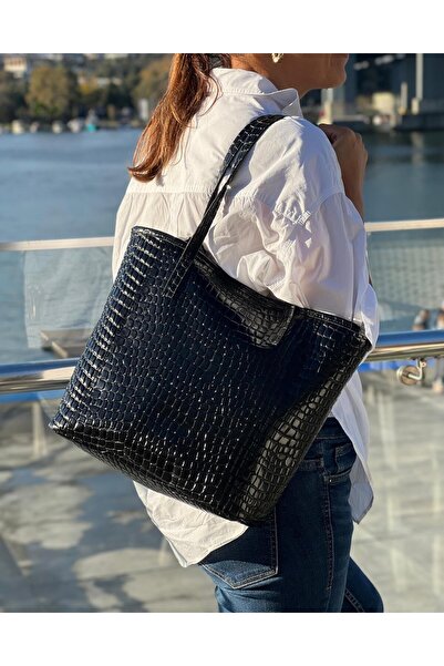 pionoi Tokyo Tote %100 Siyah Hakiki Deri Cüzdanlı Omuz El Çantası ( 30*40 Cm )