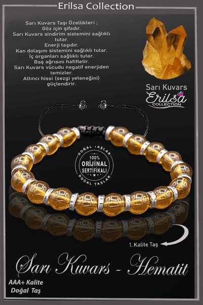Erilsa Sertifikalı Hematit - Sarı Limon Kuvars Taşı Bileklik - Ayarlamalı