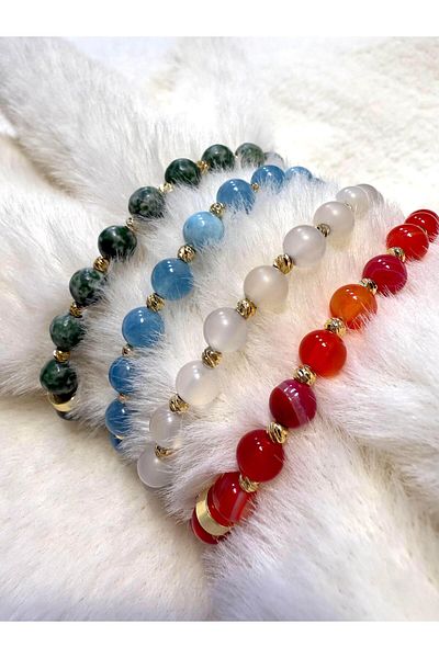 modvina Aquamarine and Quartz Bracelet - Green Howlite, Red Agate, Gold Dorica Detail, a Quality 4