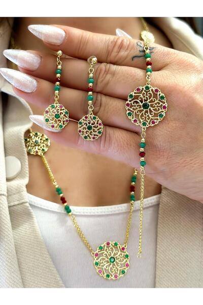 MyladyAccessoriess 14K Altın Kaplama Renkli Zirkon Taş Detay Set Takı