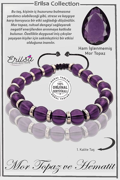 Erilsa Certified Raw Unprocessed Hematite - Purple Topaz Stone Bracelet