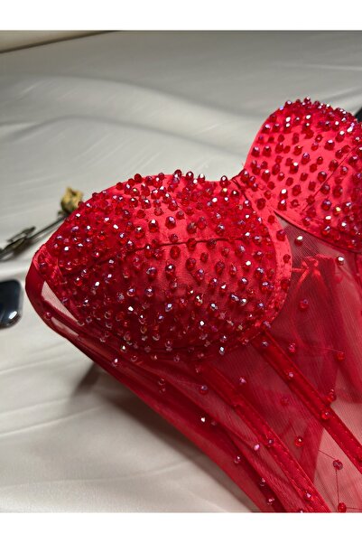 Metay Design Transparan Ful Taş İşleme Korse Büstiyer Taşlı Model - Kırmızı