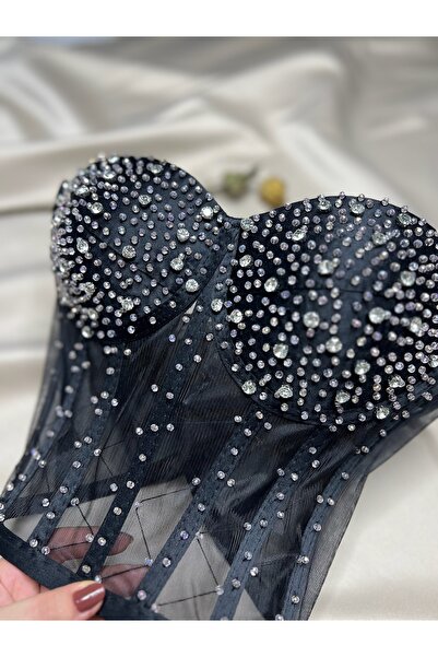 Metay Design Transparent Bodice Bustier with Stone Detail - Silver Stone Embroidered