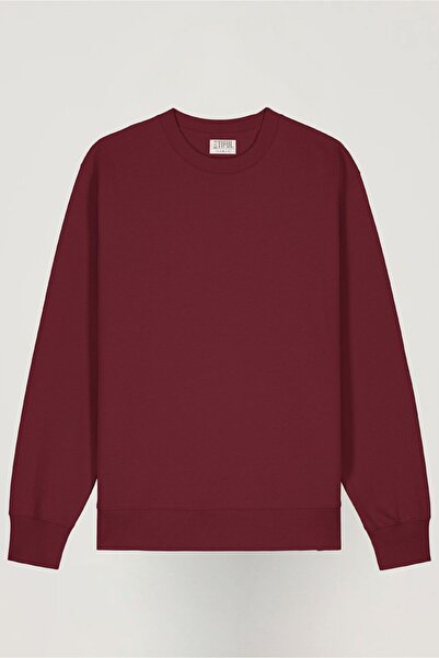 BLUETIFUL Unisex Bisiklet Yaka Pamuklu Basic Oversize Sweatshirt BORDO Renk