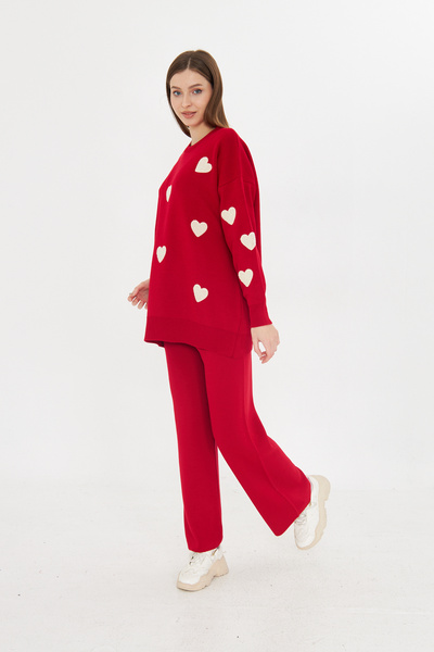 brako tekstil Women's Crew Neck Heart Sweater Pants Knitwear Bottom Top Set