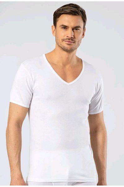 saac 2 Pcs White 100% Cotton Deep V-Neck Short Sleeve Men's T-Shirt-Fanillas
